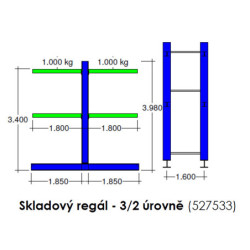 SEDA skladový regál, 3 patra, oboustranný 527533